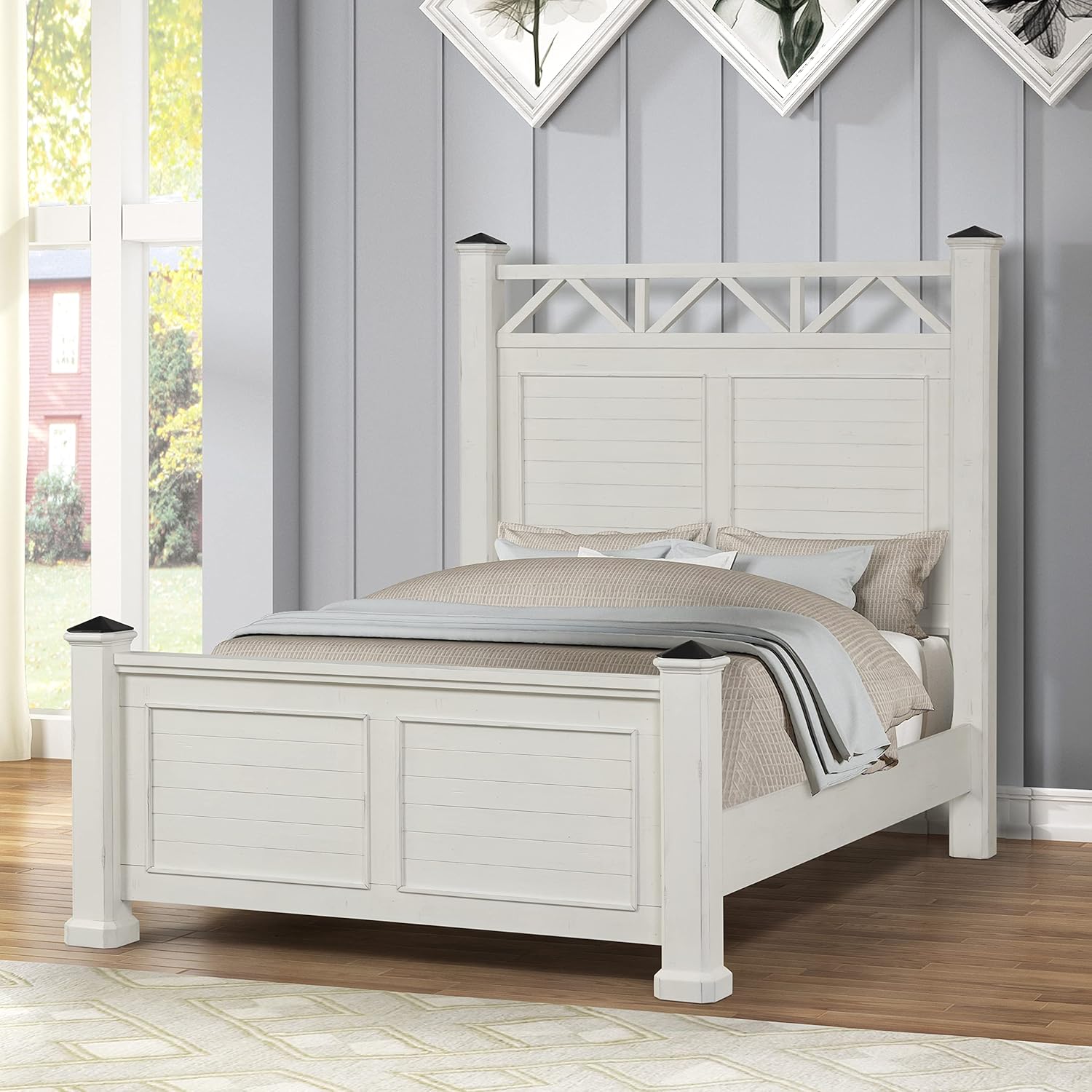 Roundhill Furniture Laria Wood Panel Bed with Dresser, Mirror, and Nightstand, Queen, Antique White