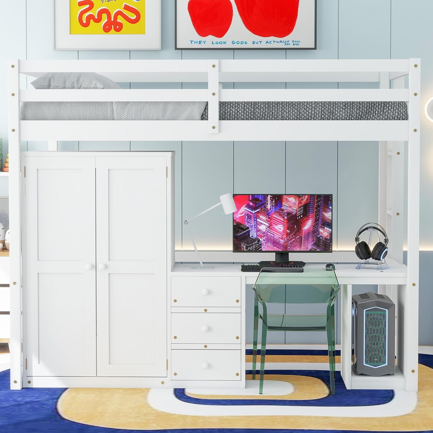 Full Size Loft Bed with Desk & 3 Storage Drawers & Wardrobe Design for Kids Bedroom,Solid Wood Bedframe w/Ladder & Safety Guardrails,No Box Spring Needed & Super Save Space, White