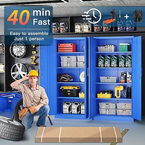Yizosh Metal Garage Storage Cabinet with 2 Doors and 5 Adjustable Shelves - 71" Steel Lockable File Cabinet,Locking Tool Cabinets for Office,Home,Garage,Gym,School (Gray White)