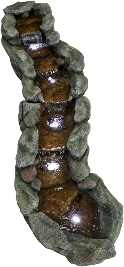 SunJet Outdoor Rock Water Fountain with LED Lights, 83.4" L x 22" W x 20" H River Stream Waterfall Feature for Home Garden, Yard, Patio, Deck Decor - Soothing Tranquility Floor-Standing Fountain