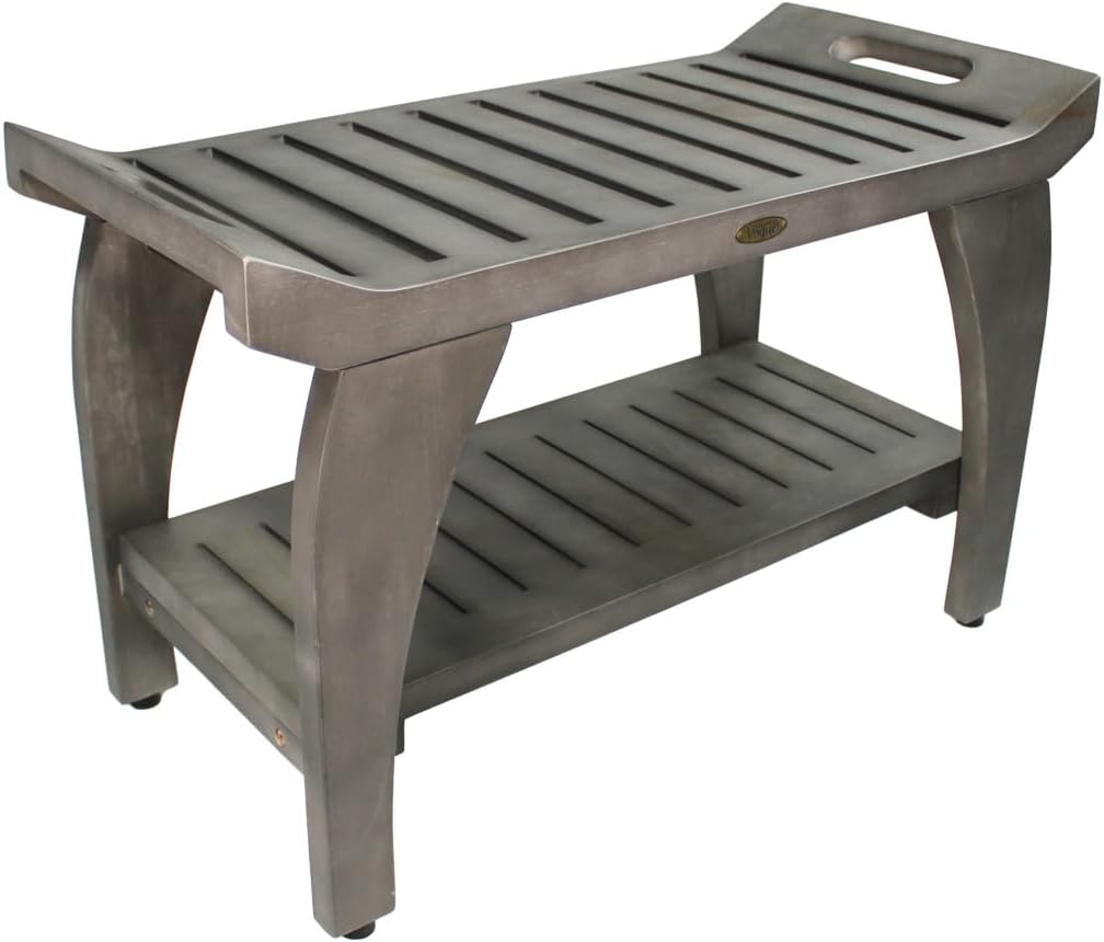 Coastal Vogue Tranquility 30" Teak Wood Shower Bench with Shelf and LiftAide Arms in Gray Finish