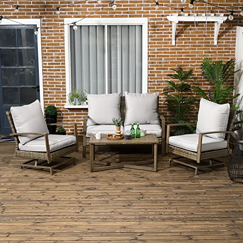 Outsunny 4 Piece Wicker Patio Furniture Set with 2 Rocking Chairs, Loveseat Sofa, Outdoor PE Rattan Conversation Set with Cushions, Aluminum Table for Porch, Poolside, Light Gray