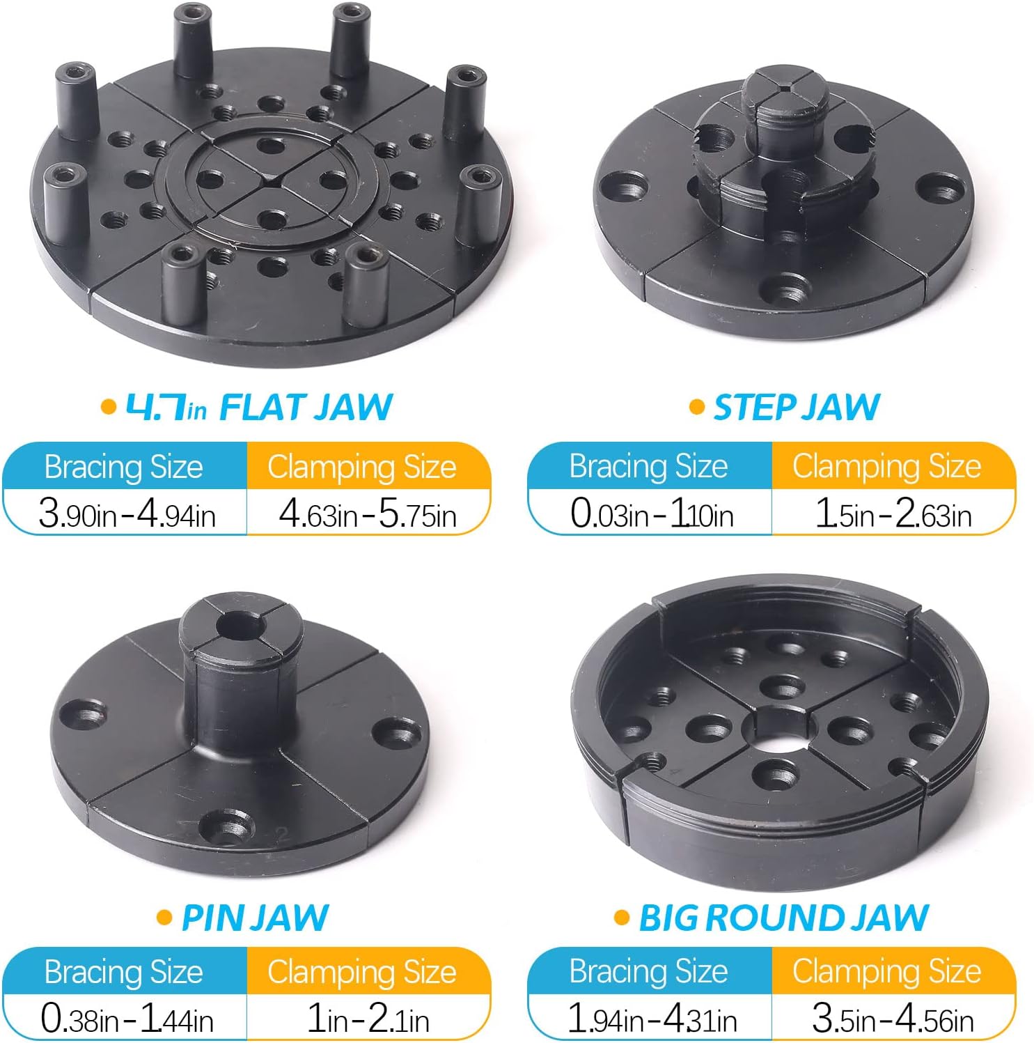 FJL FORCE Lathe Chuck Sets 4 Inch, Wood Lathe Chuck 5 Interchangeable 4-Jaw Wood Turning Lathe Nickel Plated Chuck, 1"x8Tpi Thread & 3/4"x16Tpi Adapter(Chuck Set)