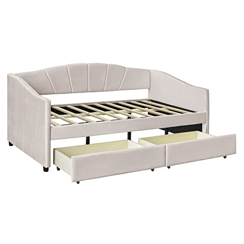 Harper & Bright Designs Twin Size Daybed, Upholstered Daybed with Two Storage Drawers, Wood Daybed Twin Size, Wood Slat Support Day Bed Frame, No Box Spring Needed, Easy Assembly, Beige