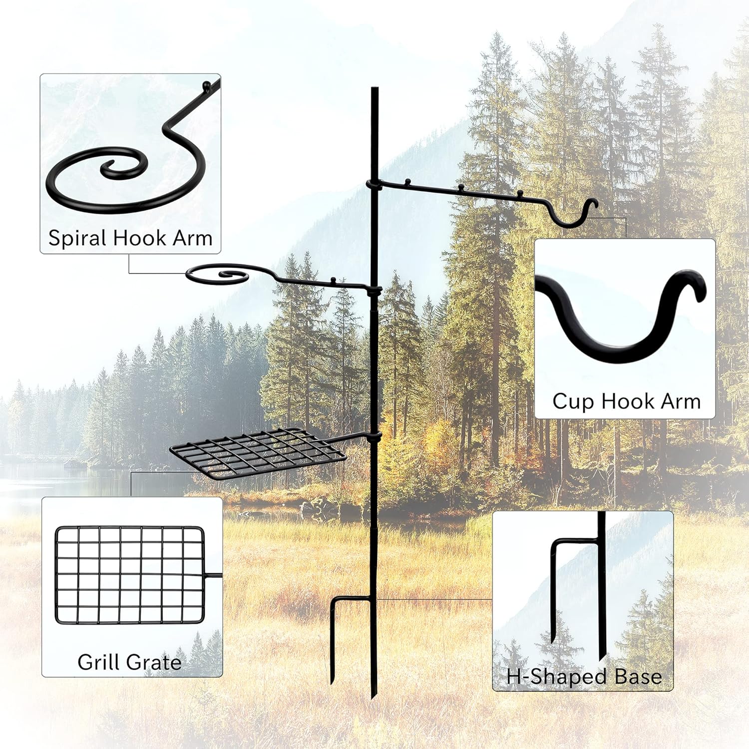 Campfire Grill Grate Stand - Portable Camping Grill Cooking Grate Set for Outdoor Over Fire BBQ, Packable Swivel Bushcraft Fire Pit Barbecue Grill