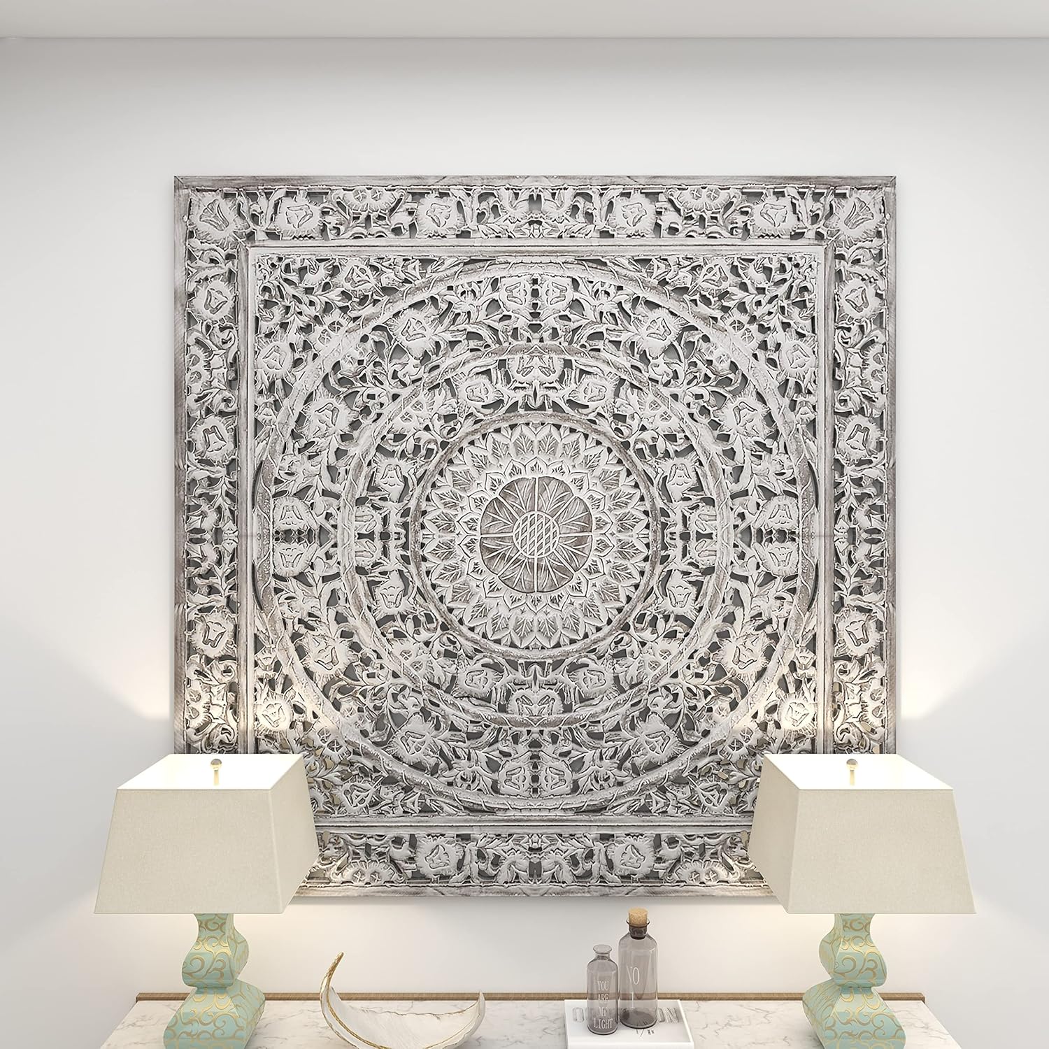Deco 79 Wood Carved Wall Panel, 60 by 60", White, (34114)