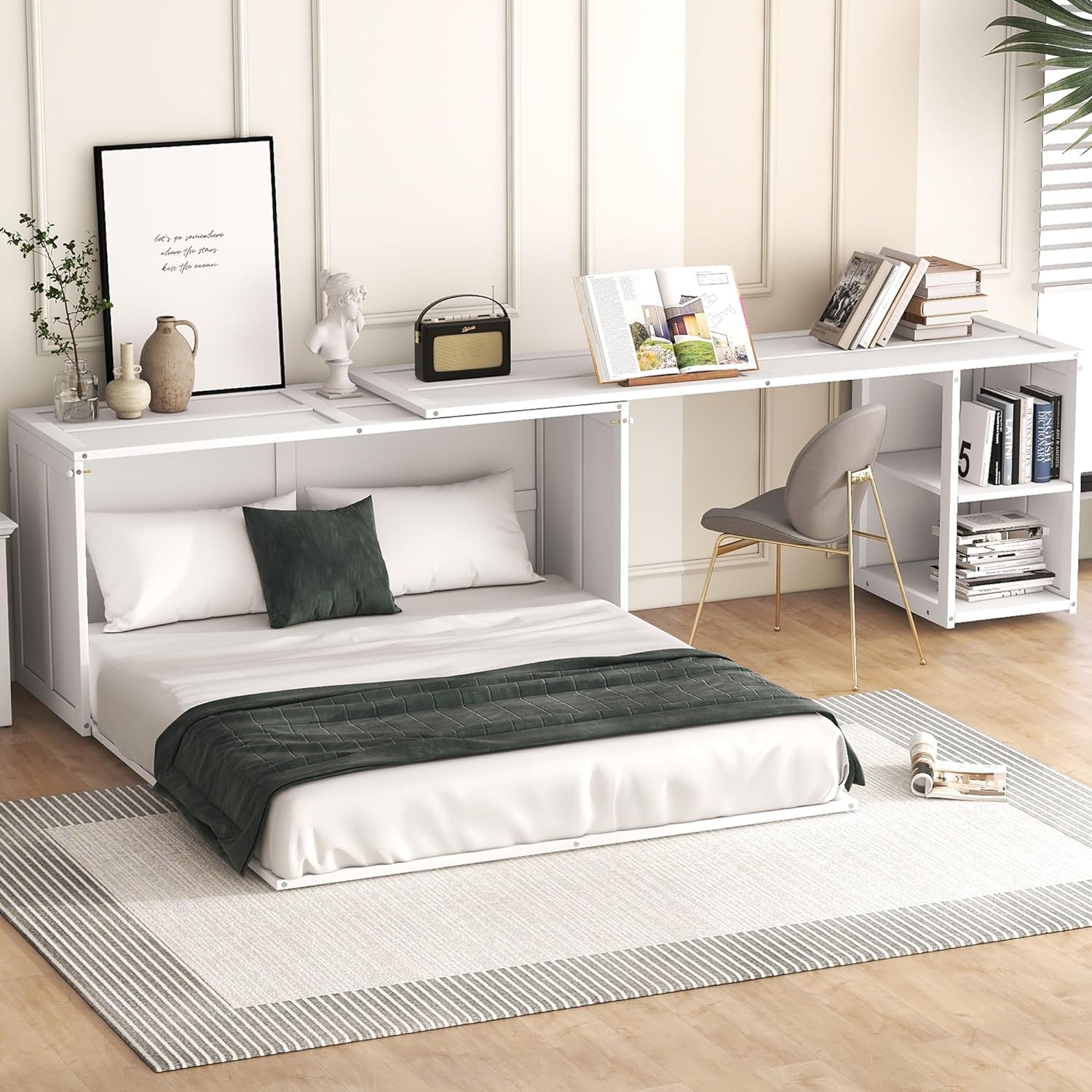 Queen Size Murphy Bed with Rotating Desk, White Finish - Space Saving Furniture 120x80.50x31.70 in.