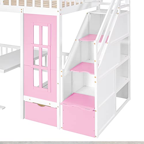Twin Castle Style Bunk Bed with Slide, Twin-Over-Twin Bunk Bed with 2 Drawers and 3 Shelves, Storage Staircase, Save-Space Solid Wood Bunk Bed Frame for Teens (Pink-Twin-Castle Style)