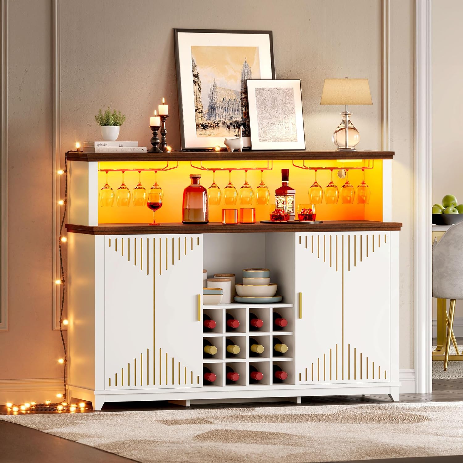 YITAHOME Coffee Bar Cabinet with Storage, 55" Wine Bar Cabinet w/LED Lights & Power Outlet, Kitchen Buffet Cabinet with Door Wine and Glass Rack, Bar Cabinets w/Storage Shelves for Dining Room, White