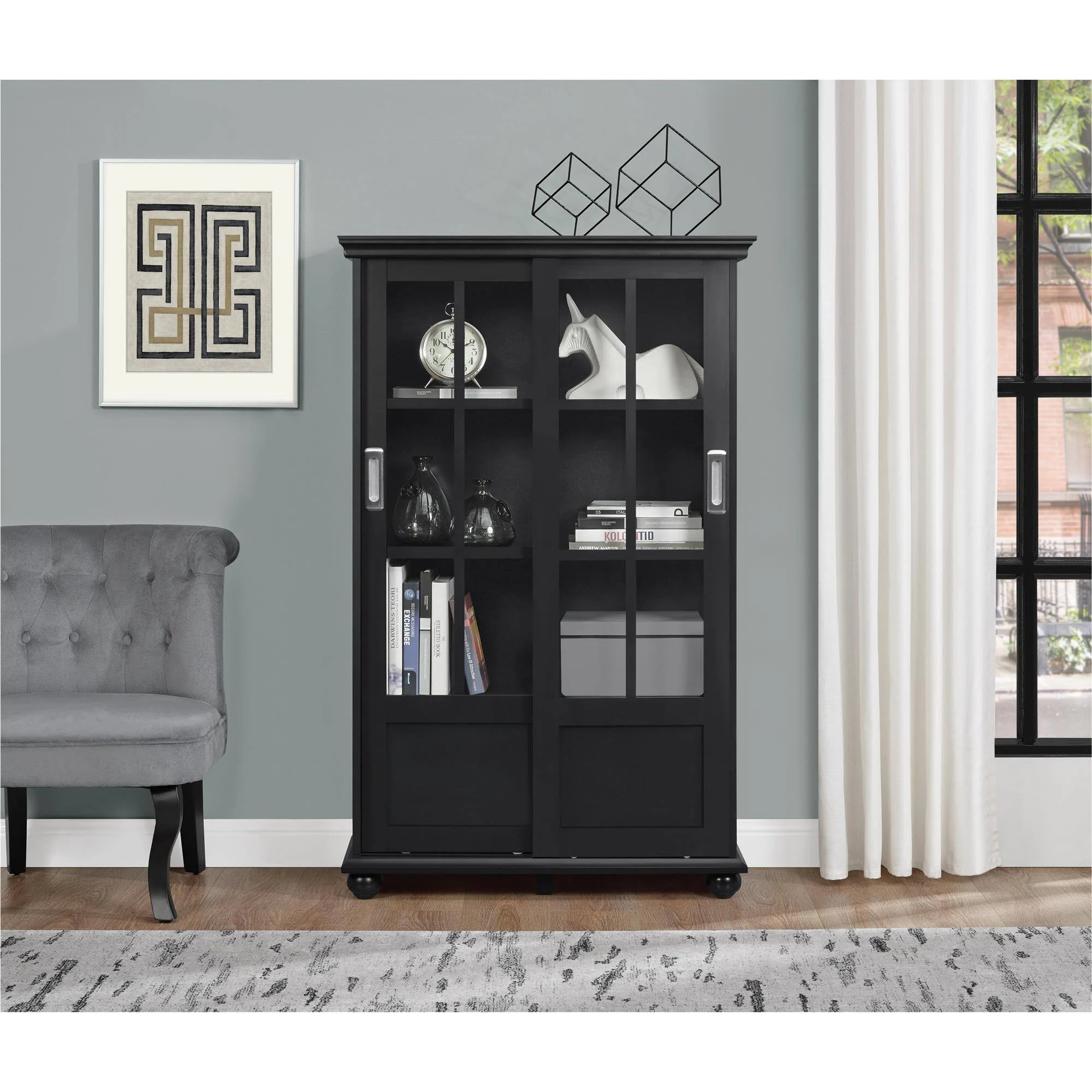 Ameriwood Home Aaron Lane Bookcase with Sliding Glass Doors - Black