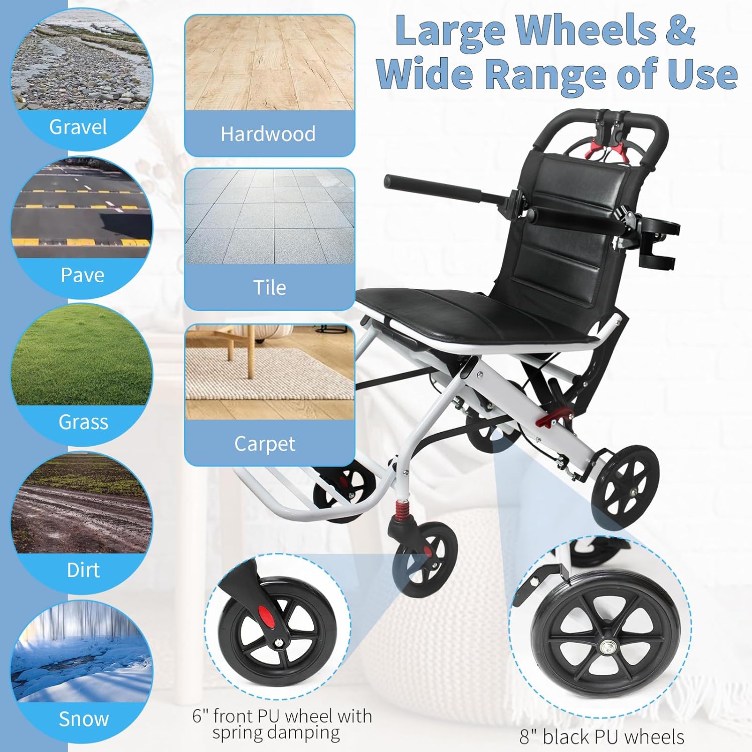 Lightweight Transport Wheelchair with Telescopic Handle, Folding Travel Wheelchairs for Adults Seniors Kids, Portable Padded Transport Chair with Travel Bag, Support 220lbs