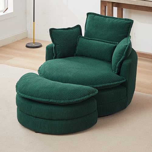 360°Swivel Accent Barrel Chair with Storage Ottoman Set, Modern Oversized Reading Armchair with Armrest Tray and Adjustable Headrest, Comfy Corduroy Chaise Lounge Couches for Living Room Hotel Club