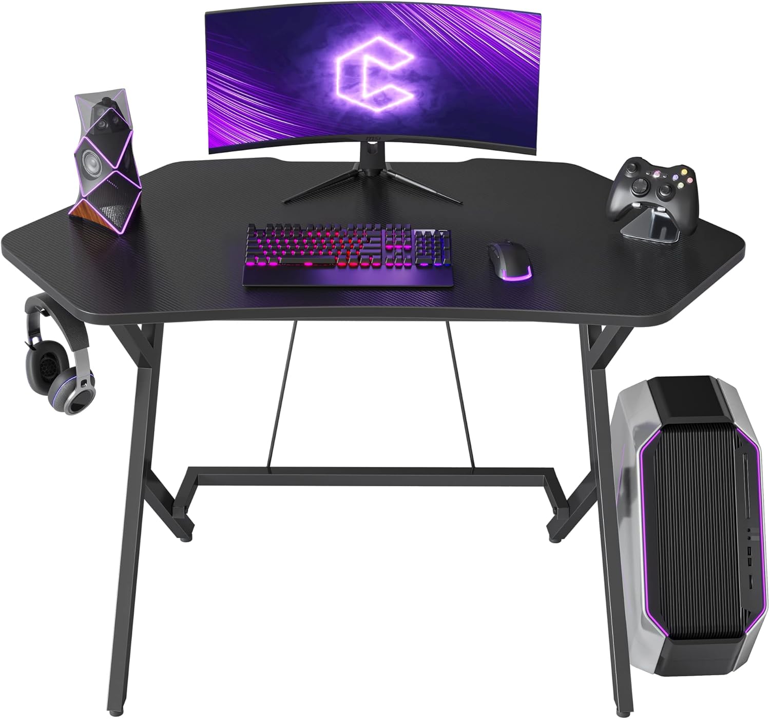 CubiCubi Luna Gaming Desk 47 inch Gamer Workstation, Home Computer Carbon Fiber Surface Gaming Desk PC Table with Cable Tray and Headphone Hook