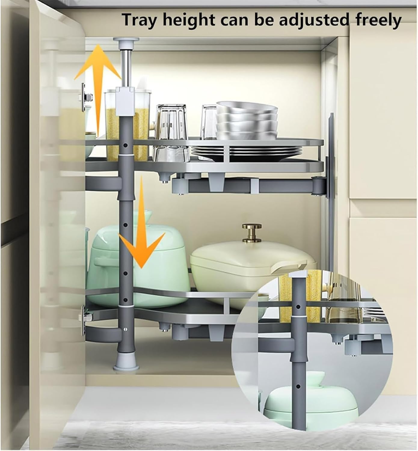 Cabinet Cupboard Corner Pull Out Shelf Carousel Storage Rack Soft Close Kitchen Blind Pullout Organizer, 900MM Cabinet 2-Tiers Swing Tray