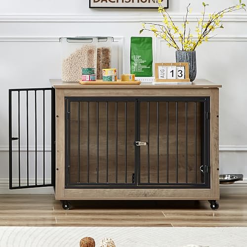 Large Dog Kennel Furniture -Adjustable Raised Feeder for Dogs with 1 Stainless Steel Bowls -End Table Dog House Spacious and Stylish Crate for Your Beloved Companion (43Inch Grey)