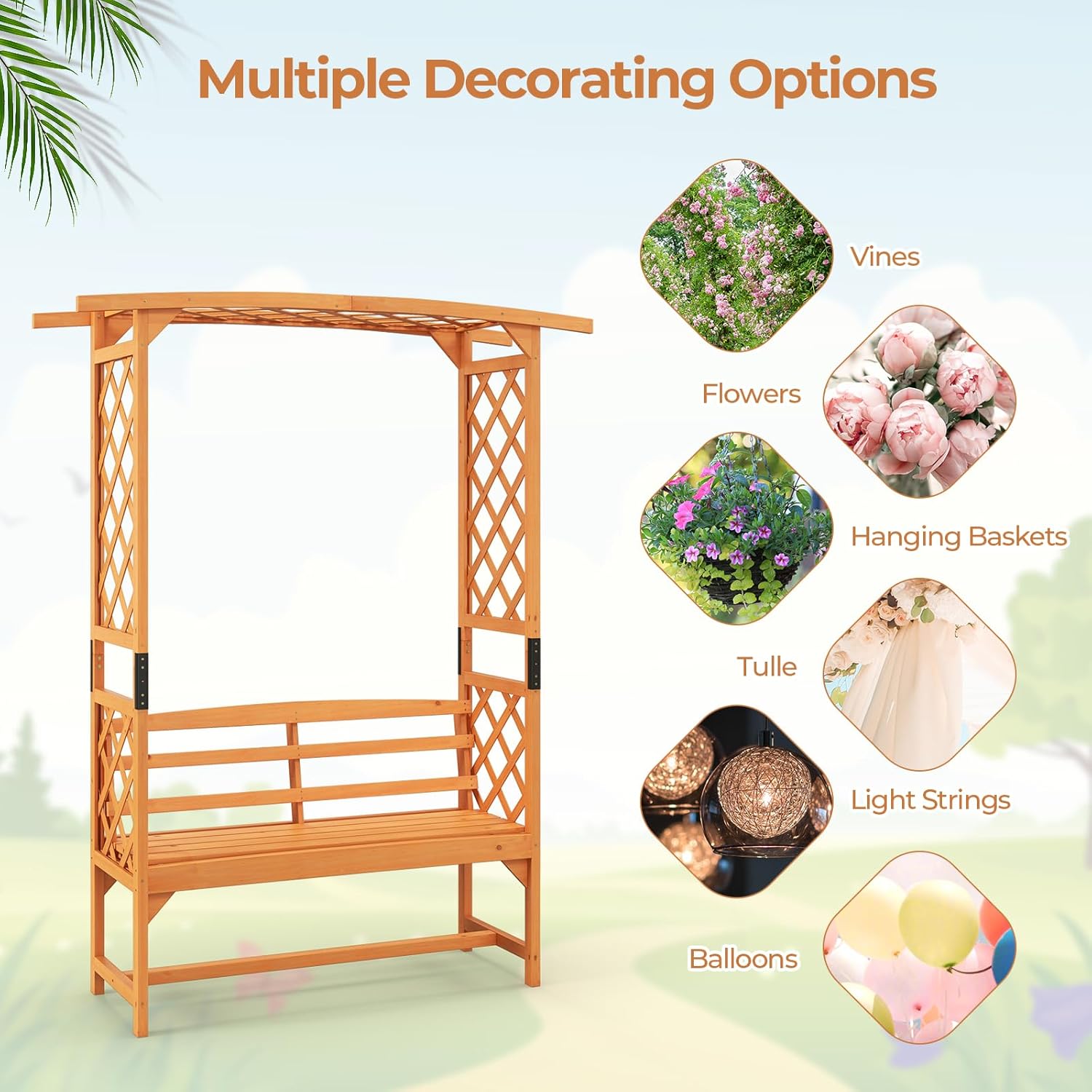 Happygrill Patio Garden Arbor with Bench, Garden Arch Trellis w/Pergola & Side Trellises for Climbing Plants Vines Grapes, 2-Seat Wooden Outdoor Bench, Garden Archway for Wedding Party Backyard