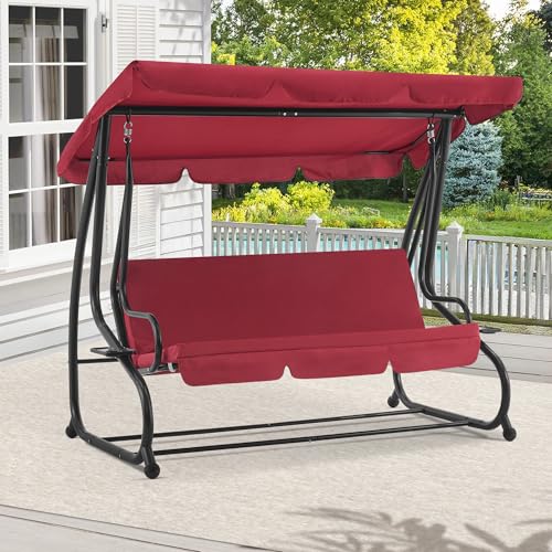 MCombo 3 Seat Patio Swing Chair, Outdoor Swing with Adjustable Canopy, Weather Resistant Steel Frame, Porch Swing Sets for Backyard, Poolside, Balcony, 4090 (Burgundy)