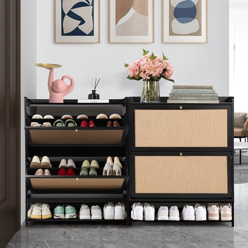 LEVNARY Shoe Cabinet Set of 2, Wooden Narrow Shoe Racks Cabinet Storage with 2 Flip Drawers, Hidden Freestanding Shoe Organizer for Hallway, Entryway, Home (2, Walnut)