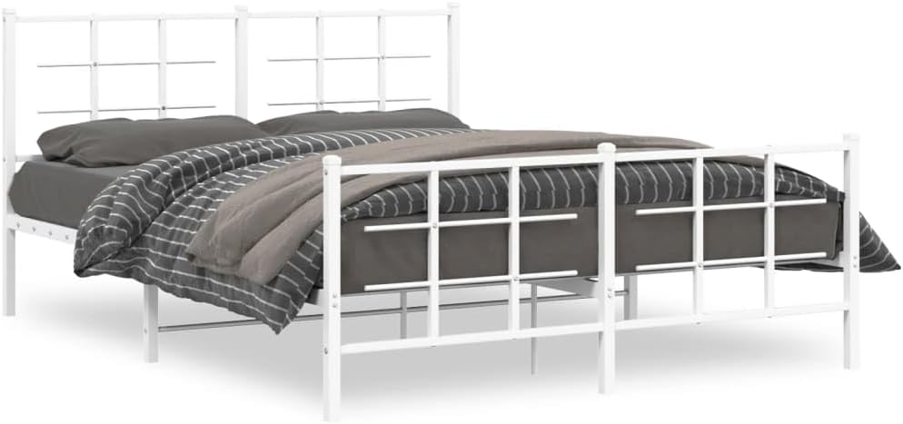vidaXL White Steel Metal Bed Frame-Double Bed with Headboard/Footboard-81.5" x61.4 x35.4 | Modern Bedroom Furniture