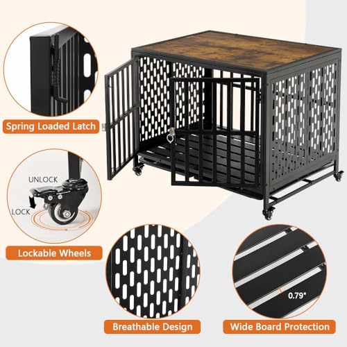 LUCKUP Heavy Duty Dog Crate Furniture for Medium and Large Dogs, Dog Kennel Indoor Dog Cage end Table, Wooden Metal Pet House with Trays, Lockable Wheels 42inch Black