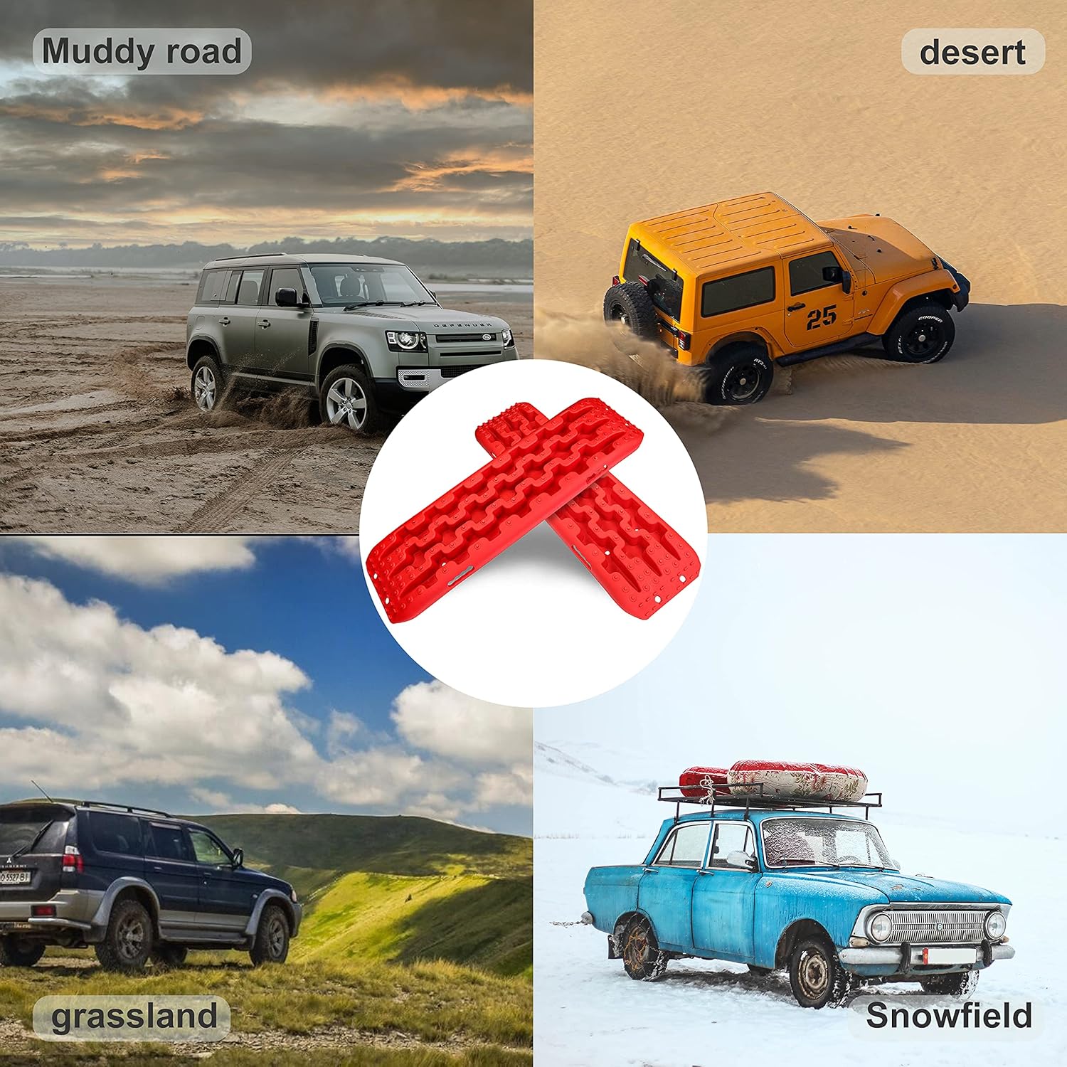 YIYITOOLS Recovery Traction Tracks 2 Piece, Tire Traction Mats for Off Road Mud Sand Snow, 4WD Tire Ladder Lift Mat for Cars Trucks SUVs Vehicle Extraction, Red
