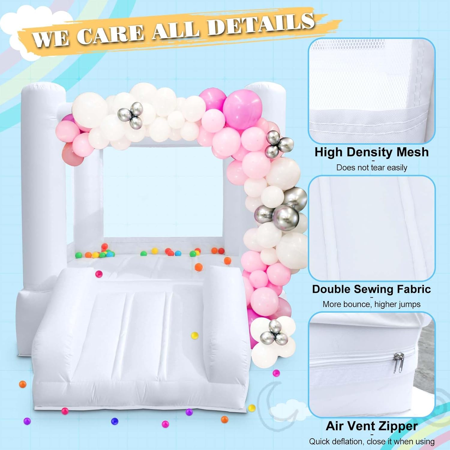 Small White Bounce House with Slide, Mini Indoor Bounce House Castle for Kids Aged 2-6, Outdoor Inflatable Jump House with UL Blower for Family Backyard Toddler Birthday Party