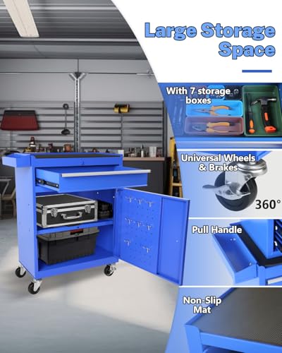 Heavy-Duty 7-Drawer Rolling Tool Chest with Wheels, Steel Tool Storage Cabinet with Lock & Liner for Workshop for Workshop/Garage - Includes 7 Organizer Boxes, Black