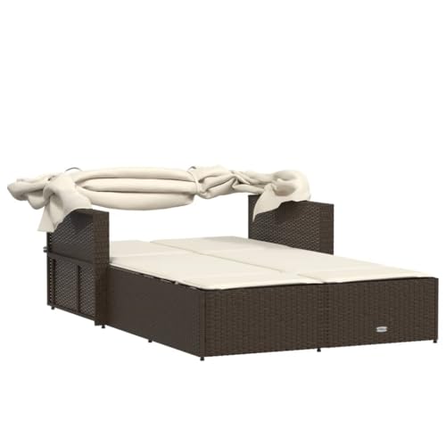 Double Sun Lounger with Canopy and Cushions Brown Poly Rattan,Double Sun Lounger with Adjustable Backrest and Retractable Canopy for Enhanced Outdoor Relaxation Sun Loungers, Chaise Lounges, Patio Fur
