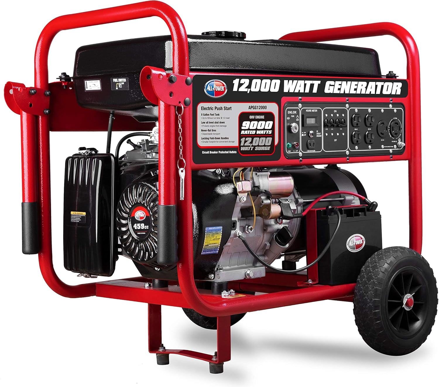 All Power America APGG12000GL 12000 Watt Dual Fuel Portable Generator with Electric Start 12000W Gas/Propane, 50A 120/240V AC Outlet, Black/Red