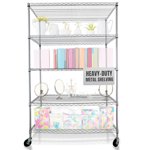 4000 LBS Heavy Duty Wire Rack 48 x 24 x 76, 5-Tier NSF Commercial Rolling Rack with Wheels, Chrome Metal Shelving Unit for Garage, Kitchen, Warehouse, Adjustable Storage Shelf, Crescent
