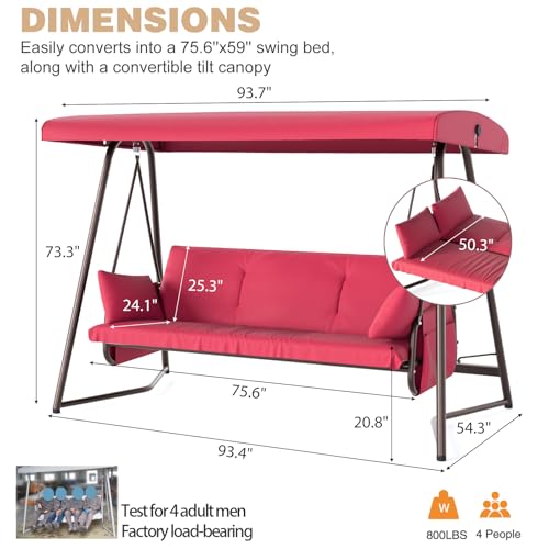 3-4 Person Oversized Outdoor Porch Swing with Adjustable Backrest Canopy,2-in-1 Swing Bed 800 lbs Capacity,Patio Swing with Removable Cushions for Yard Garden Poolside Balcony