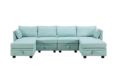 Loveseat U-Shape Sectional, Convertible Bed Chaise for Living Room with Ottomans Reversible Modular Sofa 6 Seater Couch with Storage Seat, Green