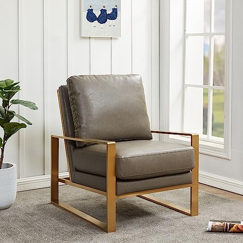 LeisureMod Jefferson Leather Accent Armchair with Elegant Gold Frame Modern Living Room Sofa Chair, White