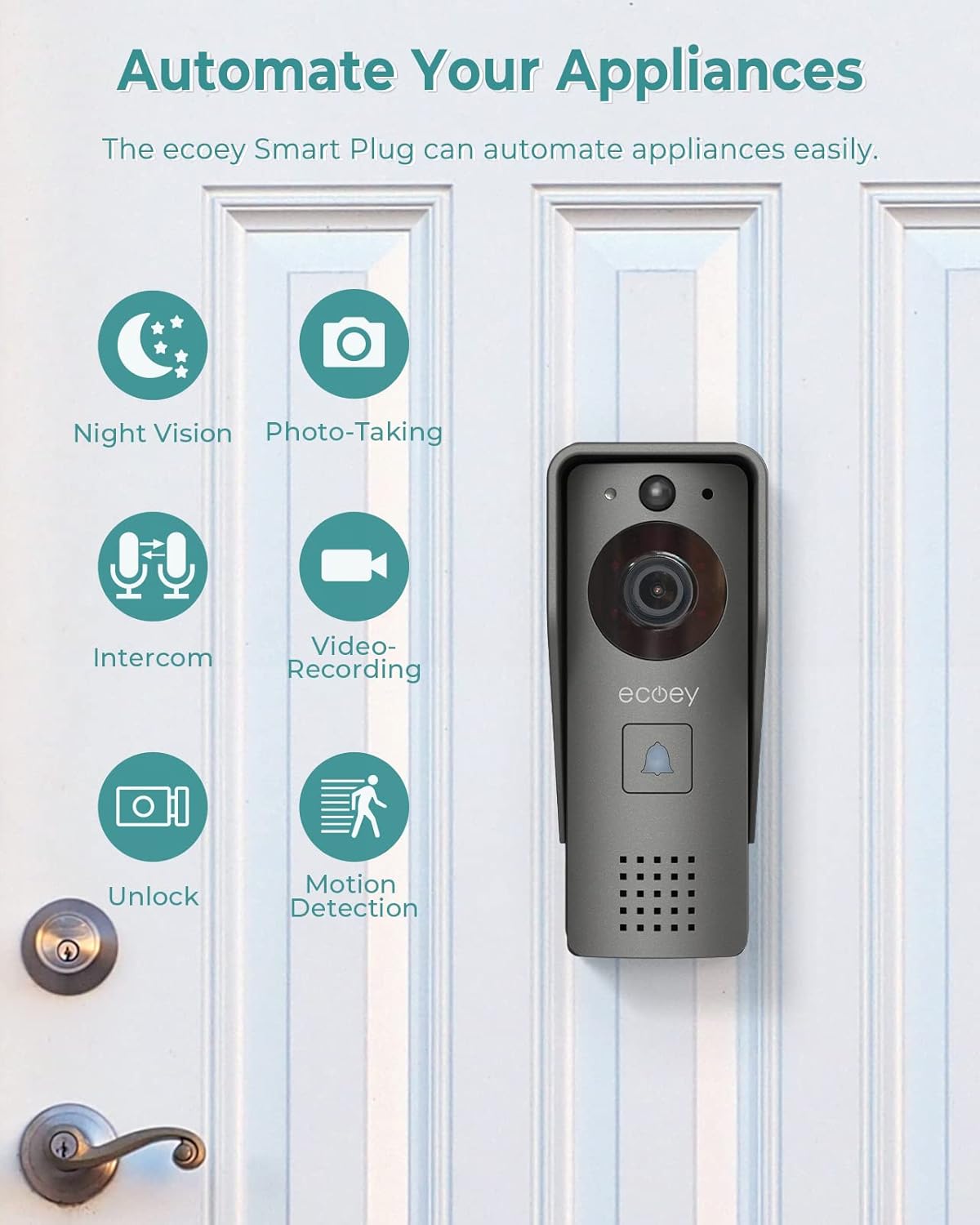 Ecoey Video Doorbell Camera, Smart Wi-Fi Doorbell Camera with Two-Way Audio, Video Doorbell with 1080P HD, PIR Motion Detection, Removable TF Card, Wireless Doorbell with Solar Energy, GW1002, 1PACK