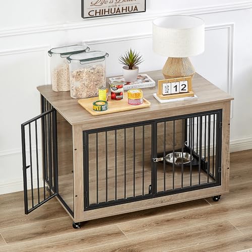 Large Dog Kennel Furniture -Adjustable Raised Feeder for Dogs with 1 Stainless Steel Bowls -End Table Dog House Spacious and Stylish Crate for Your Beloved Companion (43Inch Grey)