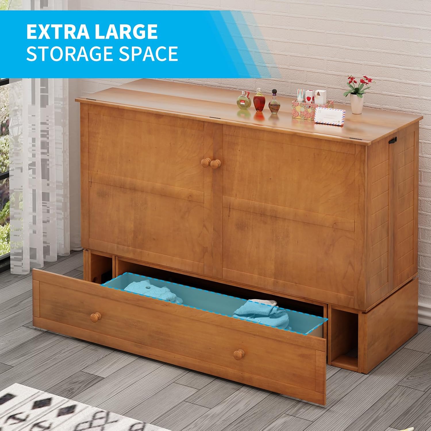 MUZZ Queen Size Cabinet Murphy Bed, Murphy Bed with Foldable Foam Mattress, Space-Saving Cube Murphy Bed with Charging Station and Large Storage Drawer (Cherry)