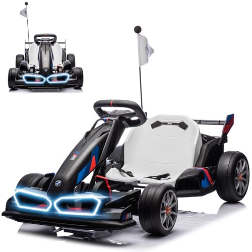 36V Electric Go Kart for Kids, Licensed BMW Battery Powered Drift Racing Go Kart, 7.5 MPH Drift Kart with Dual 300W Powerful Motor, Kids Race Pedal Go Karting Car w/Adjustable Speed, White