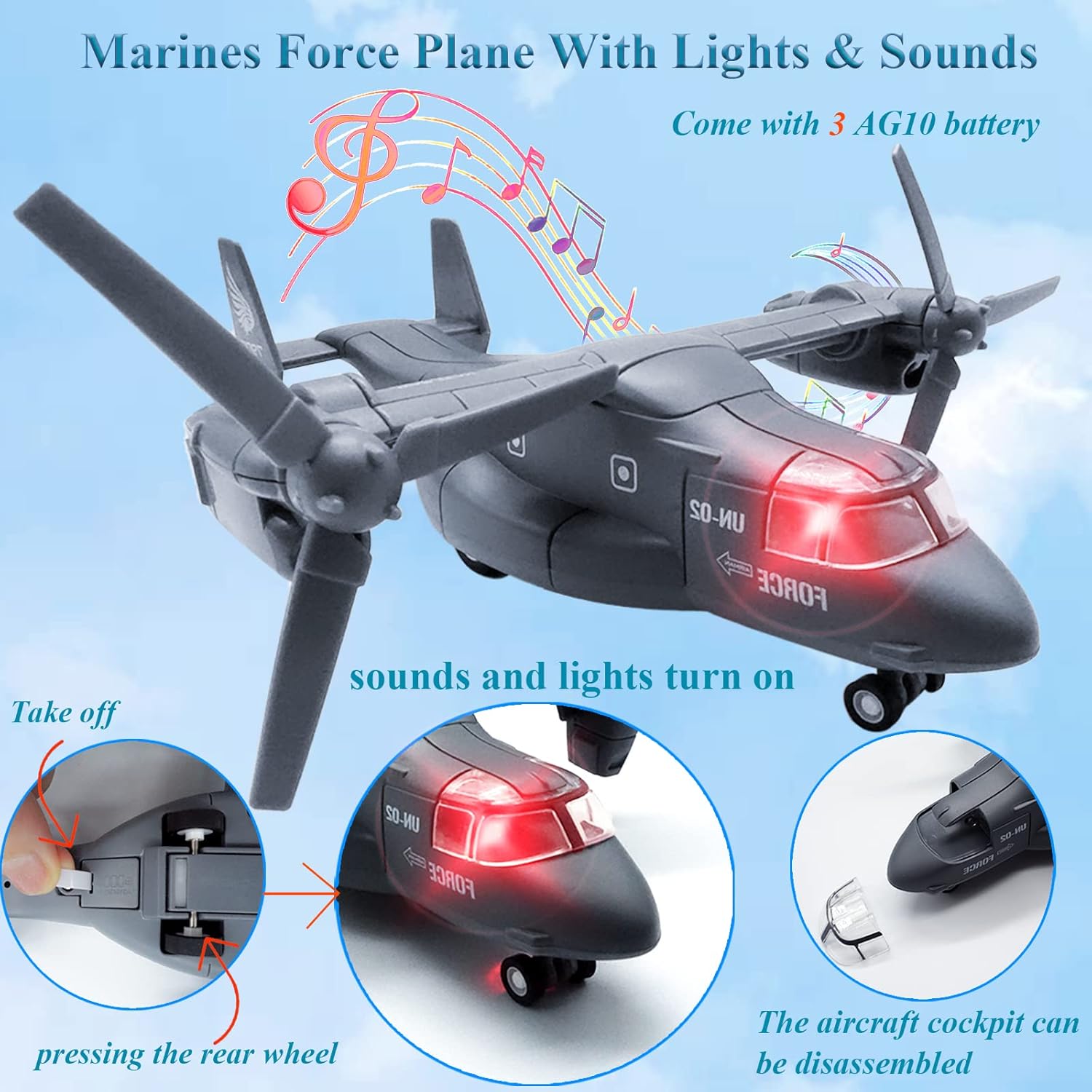 OTONOPI Military Helicopter Toy Marines Force Plane Model Military Transport Aircraft Fighter Jet Die-Cast Metal Pull Back Airplanes with Lights and Sounds for Kids or Collection Pack of 2