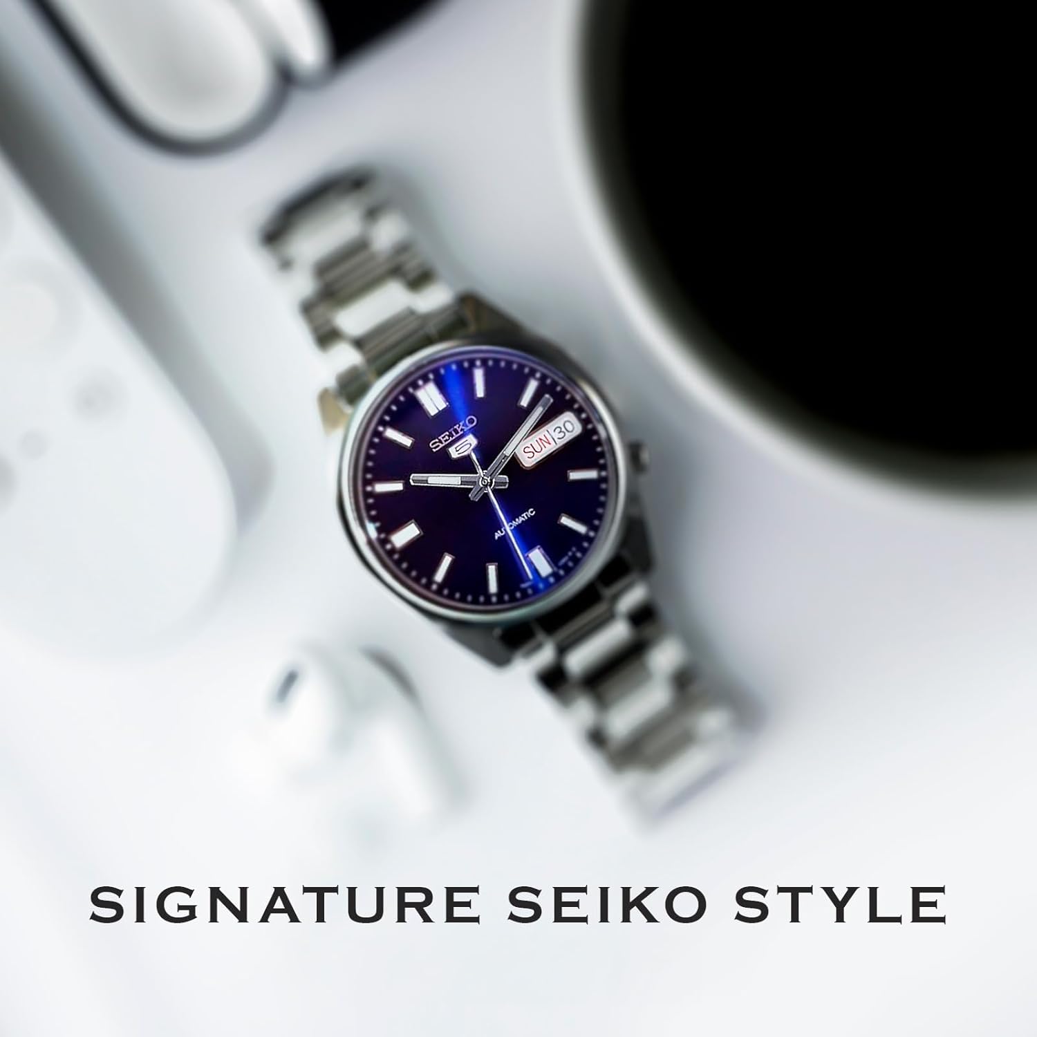 SEIKO SNXS77 Automatic Watch for Men 5-7S Collection - Striking Blue Dial with Luminous Hands, Day/Date Calendar, Stainless Steel Case & Bracelet