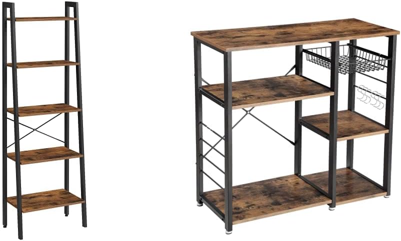 VASAGLE Industrial Ladder Shelf, 5-Tier Bookcase, Storage Unit, with Metal Frame, for Living Room, Kitchen, Rustic Dark Brown ULLS45BF