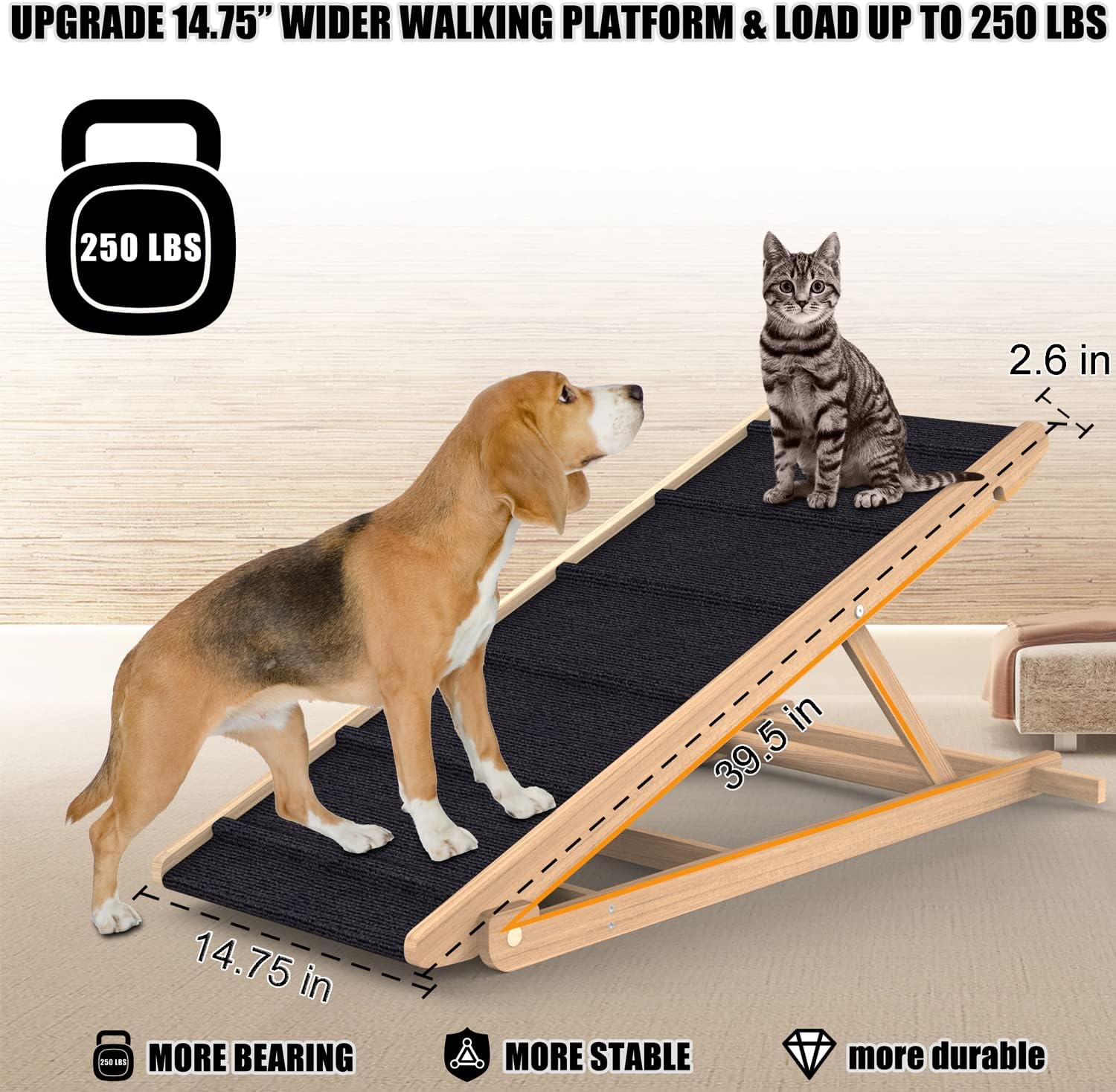 Adjustable Dog Ramp for All Dogs and Cats - Folding Portable Pet Ramp for Couch or Bed with Non Slip Paw Traction Mat, 40”Long and Height Adjustable from 10”to 24” - Up to 250 Lbs