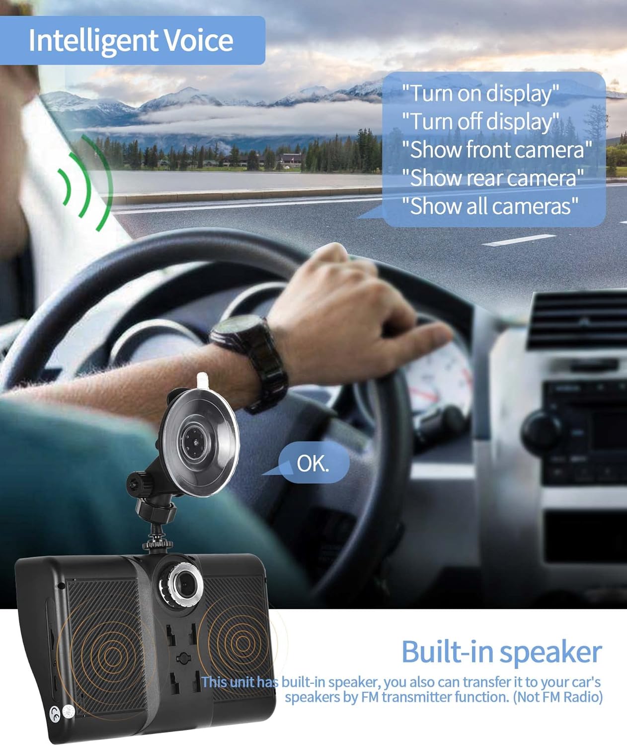 Portable Bluetooth Car Stereo Carplay Android Auto Reversing Monitor Kit, 7" Vehicle Backup Camera Set Driving Recorder Support 2 Split Screen/Bluetooth/DVR Loop Recording/Voice Control DC 9V-36V