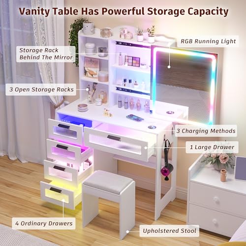 Vanity Desk with Mirror and Lights, RGB LED Makeup Vanity Desk with Charging Station, Vanity Table with Stool & Sliding Touch Mirror, Girls Vanity Set with 5 Drawers (White)
