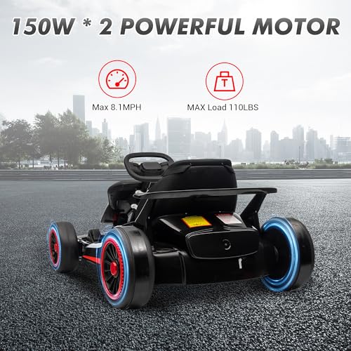Go Kart, Electric Drift Kart Car with Adjustable Seat, 24V 7Ah Outdoor Ride On Toy, 2 * 200W Motor, 8.1 MPH, LED Lights, Toy Race Car for Kids 6-12 Years Old