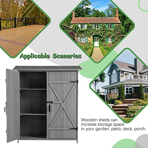 Outdoor Storage Cabinet, Outside Wood Shed with Waterproof Roof & Detachable Shelves & Double Locks, Vertical Tool Storage Box for Patio, Garden, Backyard, Brown