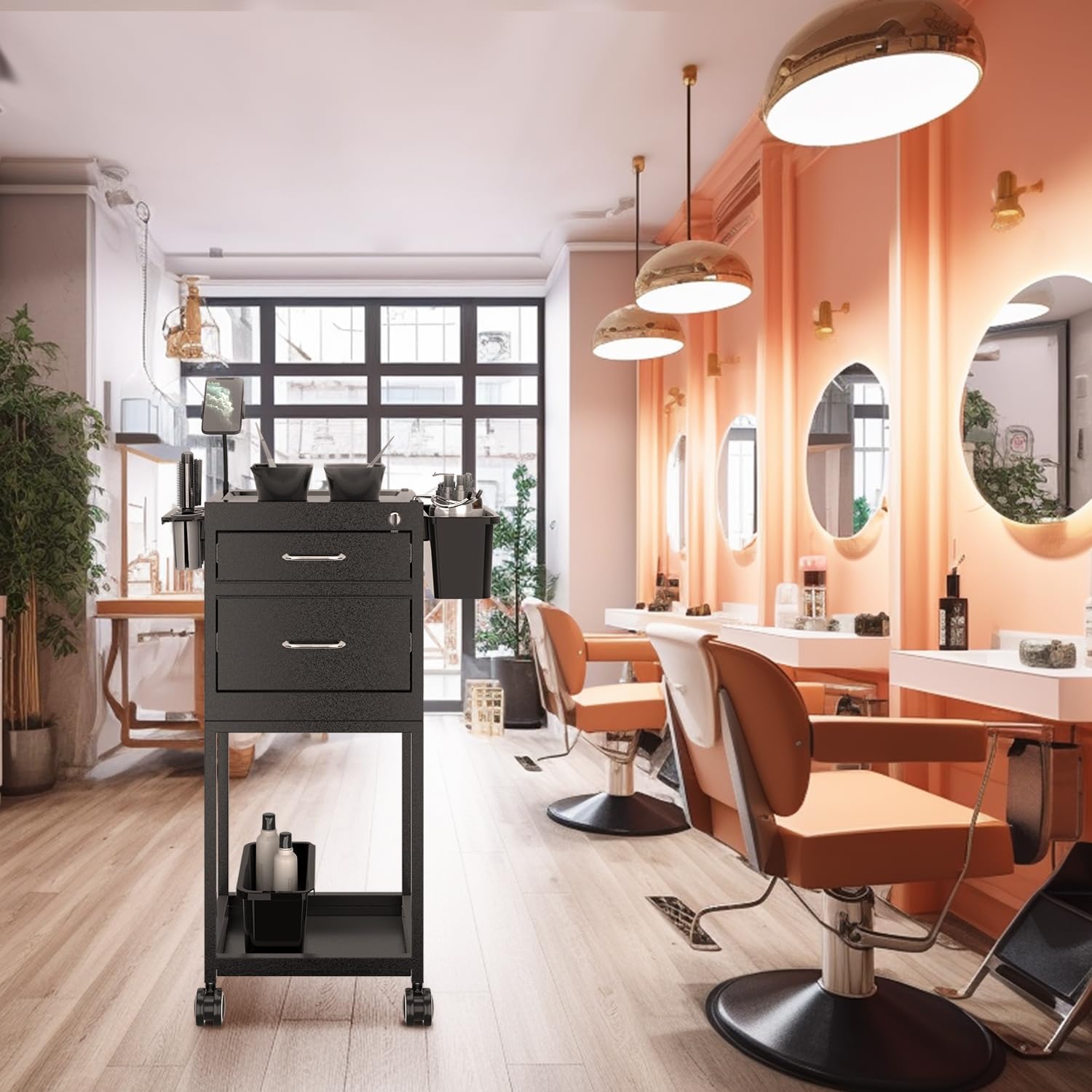 Salon Cart Lockable Metal Storage Cart Salon Trolley with Wheels Sturdy Rolling Cart, High End Trolley with 2 Magnetic Bowls for Salon, Tattoo, and Barber