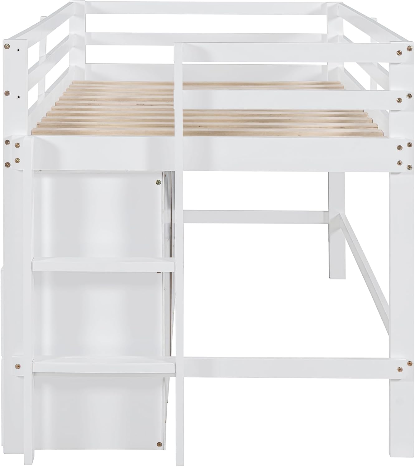 Twin Size Kids Loft Bed with Storage Underneath, Wooden Low Loftbed Frame with 4 Drawers, Cabinet, Shelves and Ladder, Space Saving Bedframe for Boys Girls Teens, White