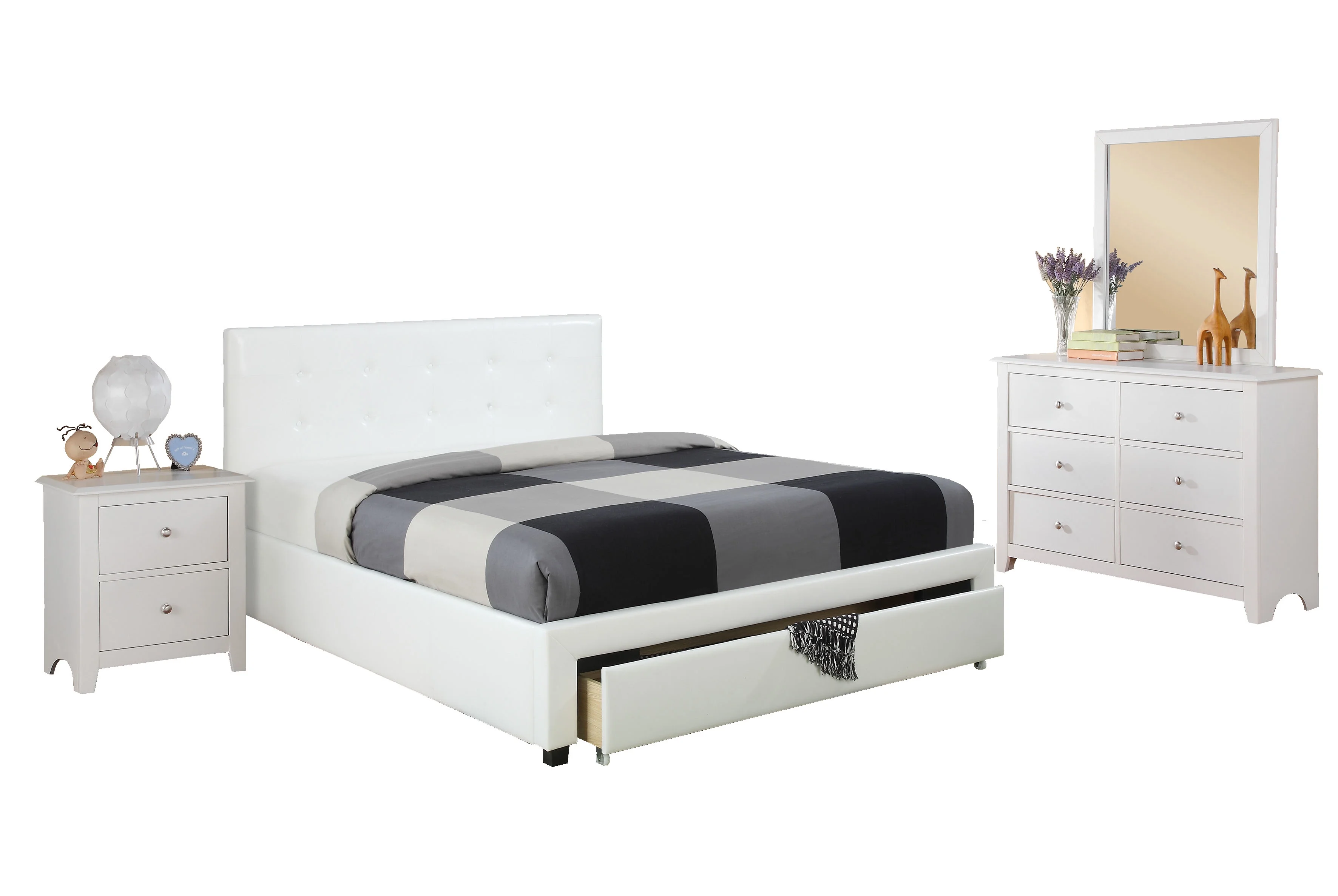 Modern Classic White Full Size Bed Underbed Storage Darwers Wooden Tufted Upholstered Faux Leather 1pc Bedframe Bedroom