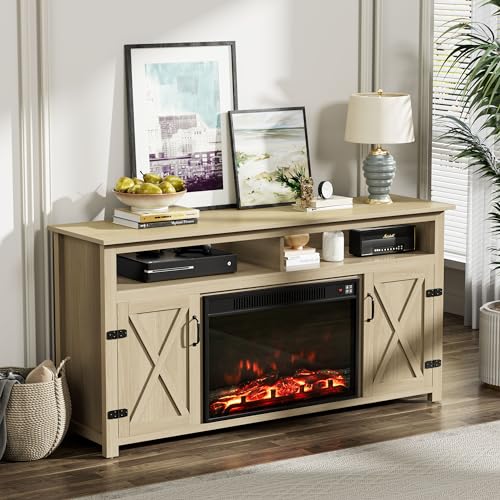 YESHOMY Farmhouse TV Stand for Televisions up to 65 Inches, Sliding Barn Doors and Storage Cabinets, Console Table and Media Furniture for Living Room, 58 Inch, Milk White