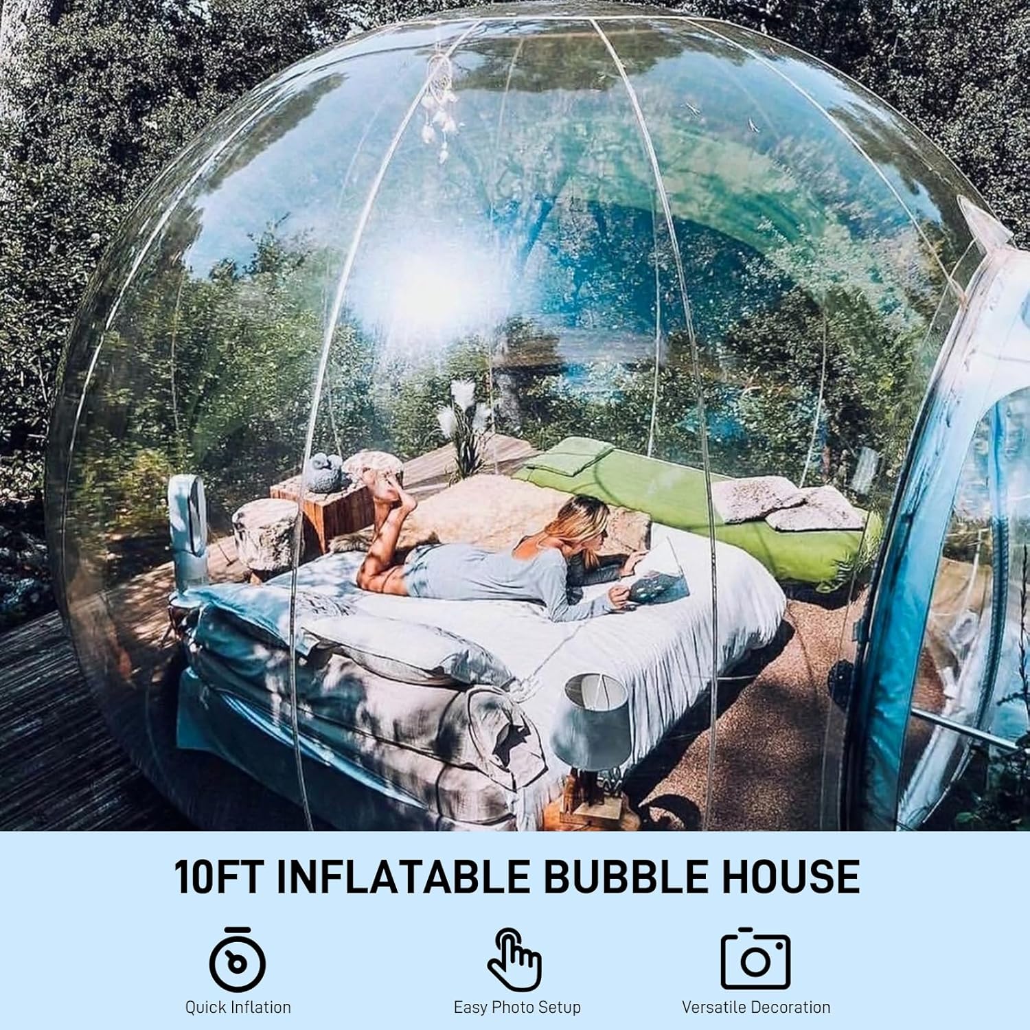 10FT Bubble Inflatable Tent, 3M PVC Inflatable Commercial Two Room House, Clear Eco Dome Camping Bubble Tent with Air Pump for Indoor/Outdoor Family Backyard Camping Festivals